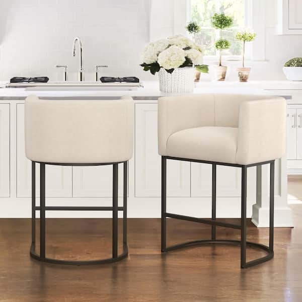 Transitional Bar Stools with Barrel Backrest and Black Metal Sled Base