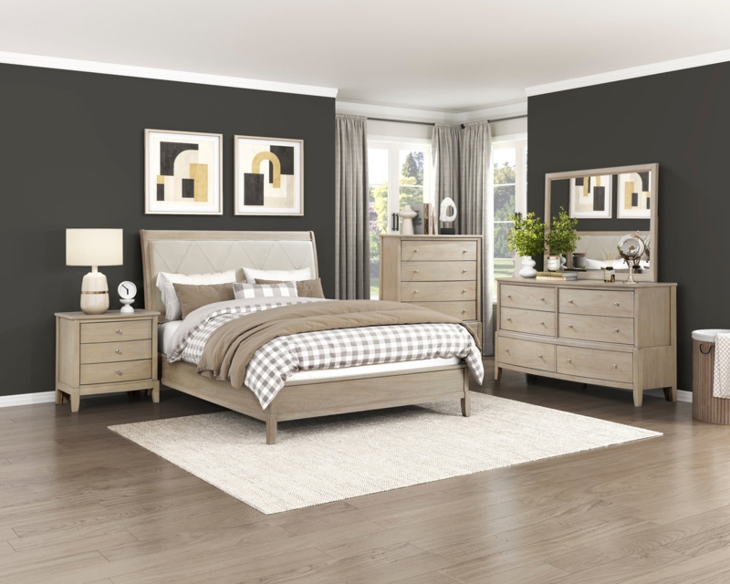 Transitional Bedroom Set with Light-Washed Finish and Charcoal Contrast