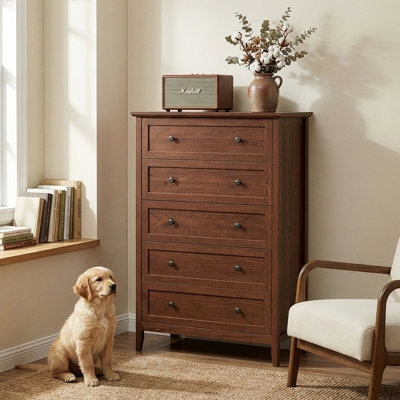 Transitional Chest of Drawers with Vertical Silhouette and Dual Knobs