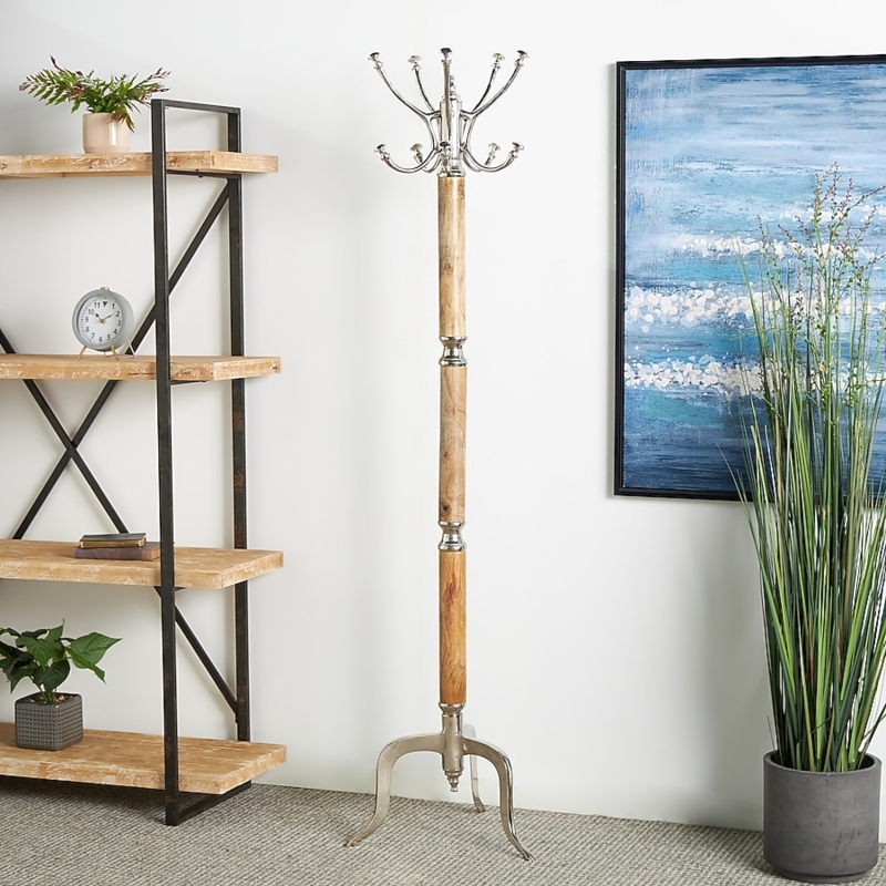 Transitional Coat Rack, Silver and Wood Mixed Material, Segmented Pole