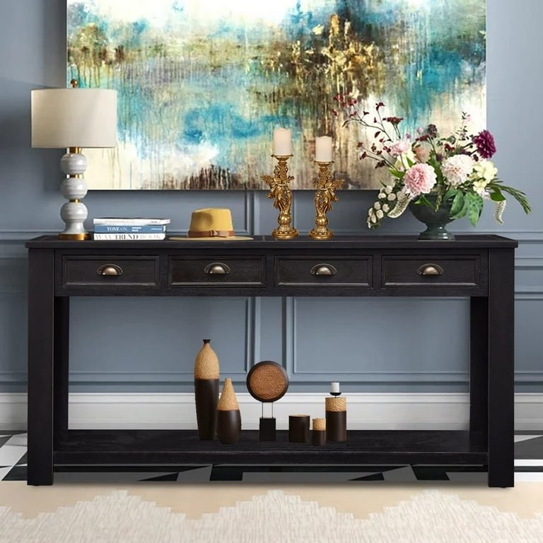 Transitional Console Table with Four Drawers and Open Shelf Storage