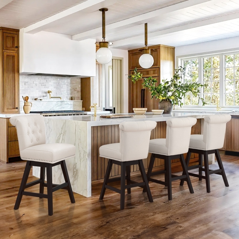 Transitional Counter Stools High Back Tufted Back Nailhead Trim Cream