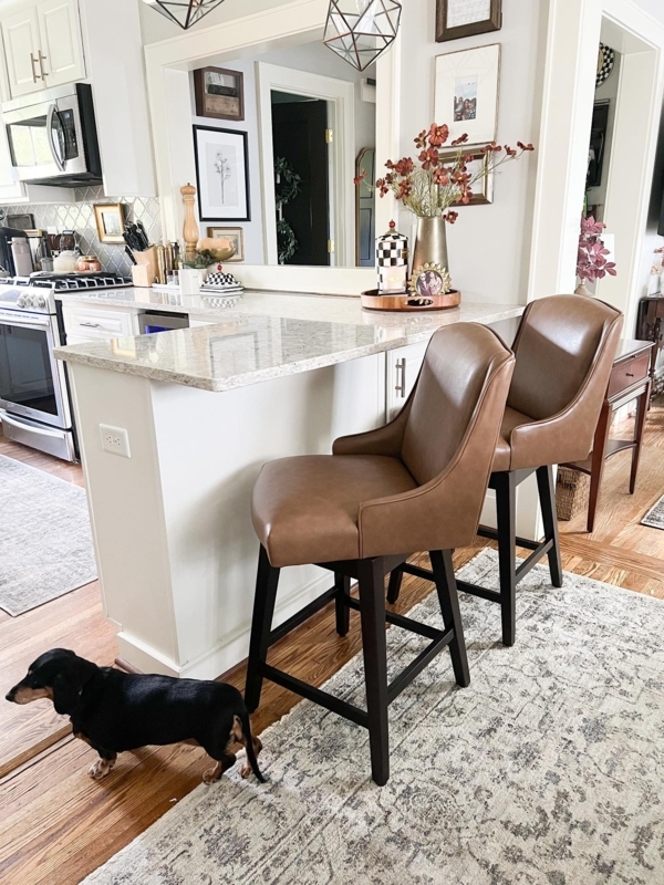 Transitional Counter Stools: Tan Leather-Like Upholstery, Sloped Arms