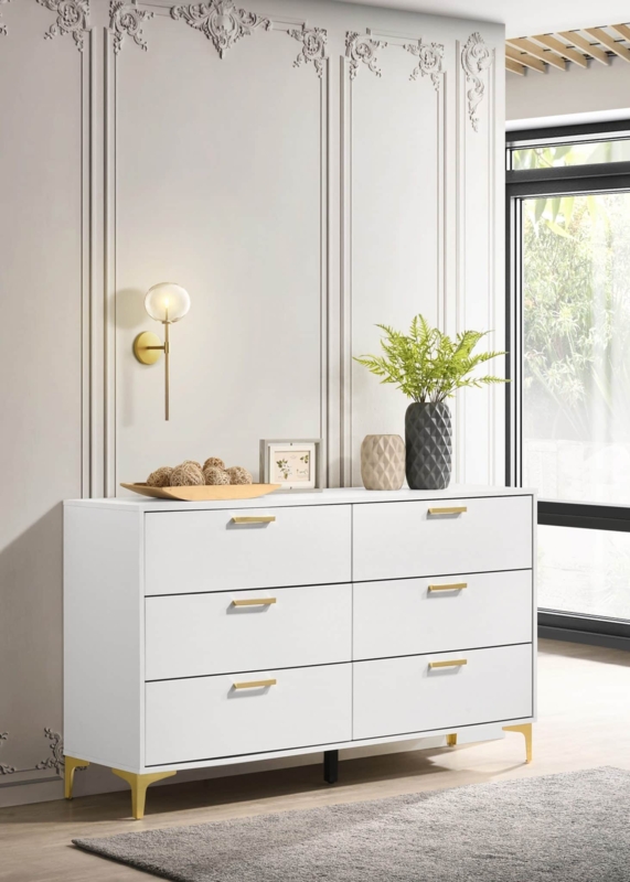 Transitional Double Dresser: White Finish with Tapered Cone Legs (73 chars)