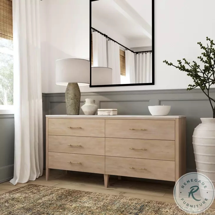 Transitional Double Dresser with Stone-Like Top and Slim Gold Hardware