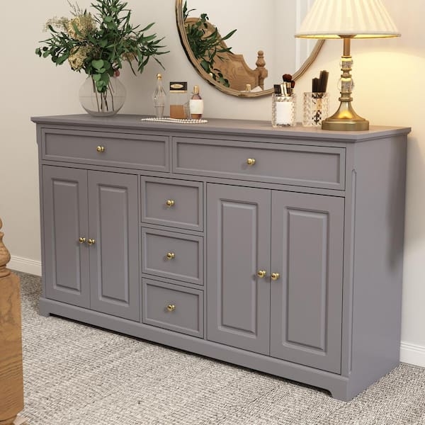 Transitional Dresser Five Drawers Four Doors Gold Knobs Matte Finish