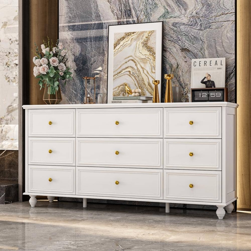 Transitional Dresser Nine Drawers Gold Knobs Elegant
