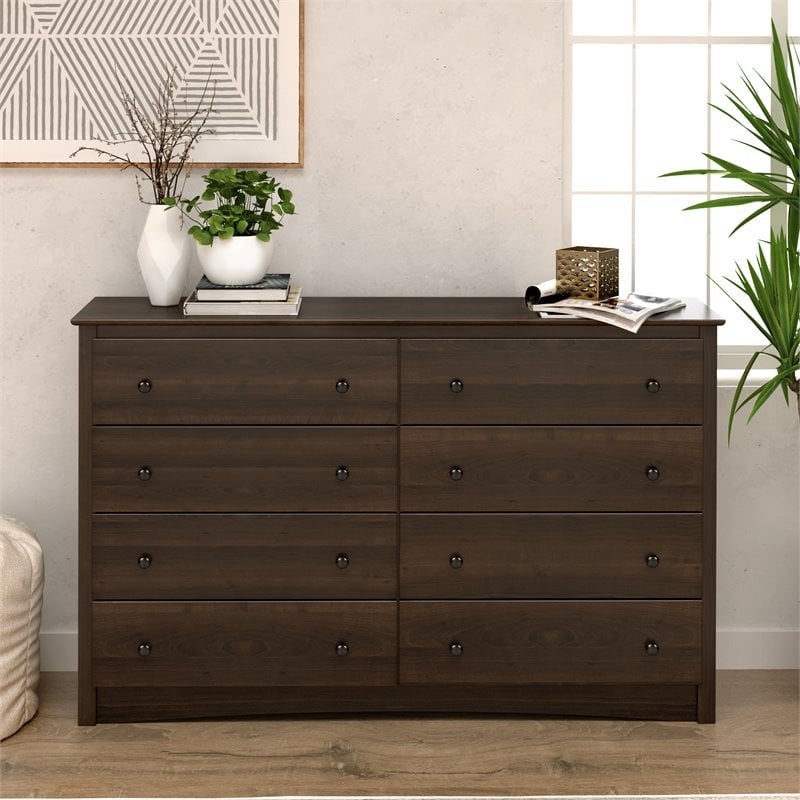 Transitional Eight Drawer Dresser with Round Knobs and Arched Kick Plate