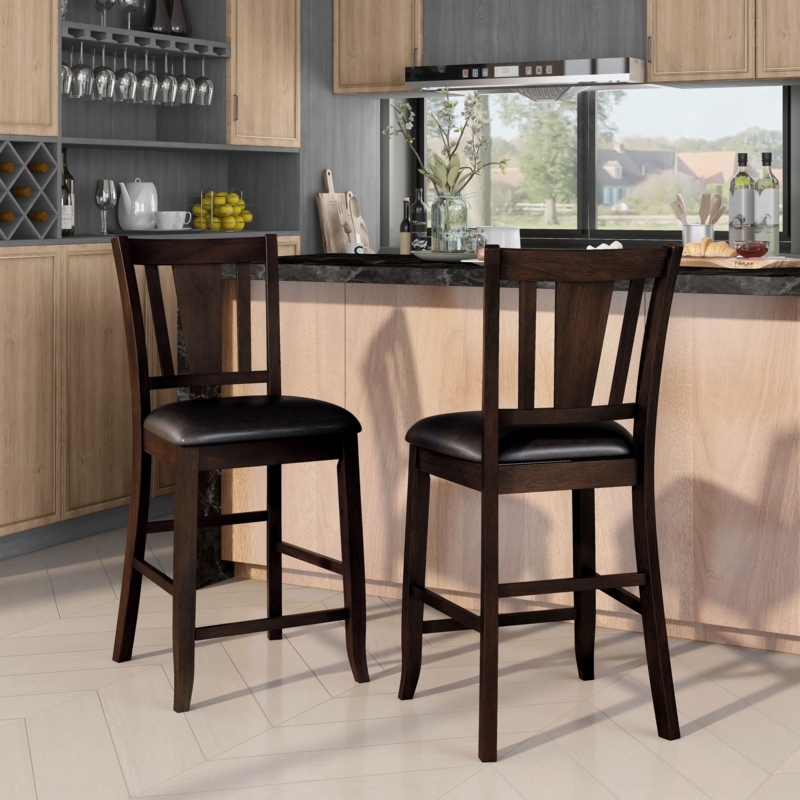 Transitional Espresso Counter Stools Slat Back Dark Wood