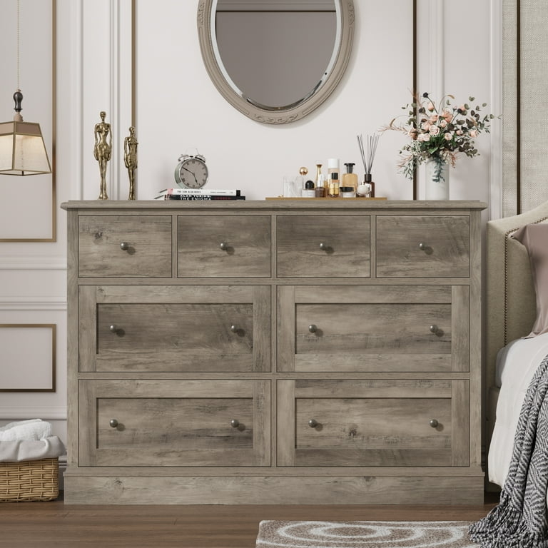 Transitional Gray Wood Dresser, Shaker Style with Round Knobs