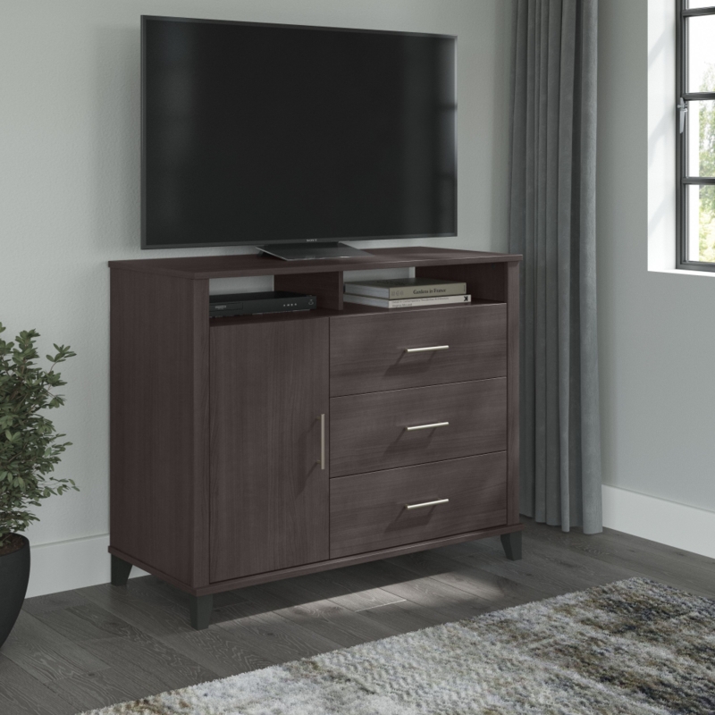 Transitional Media Chest in Espresso Finish with Silver Hardware Pulls