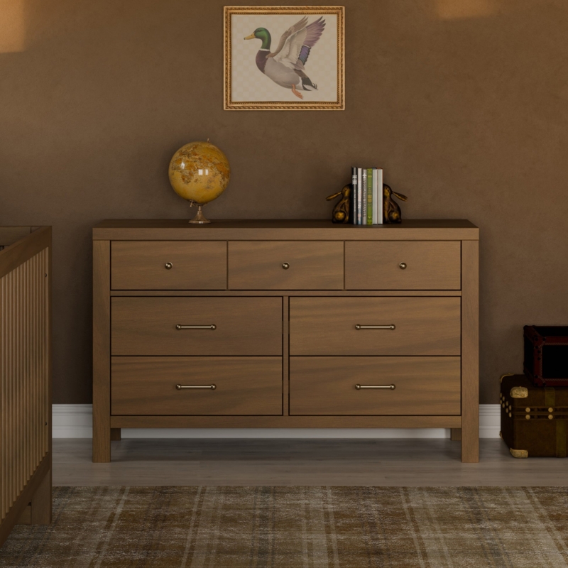 Transitional Nursery Dresser in Warm Honey Wood with Mixed Hardware