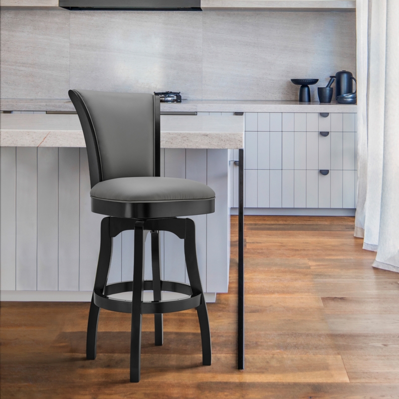 Transitional Swivel Bar Stool with Black Wood Frame and Curved Back