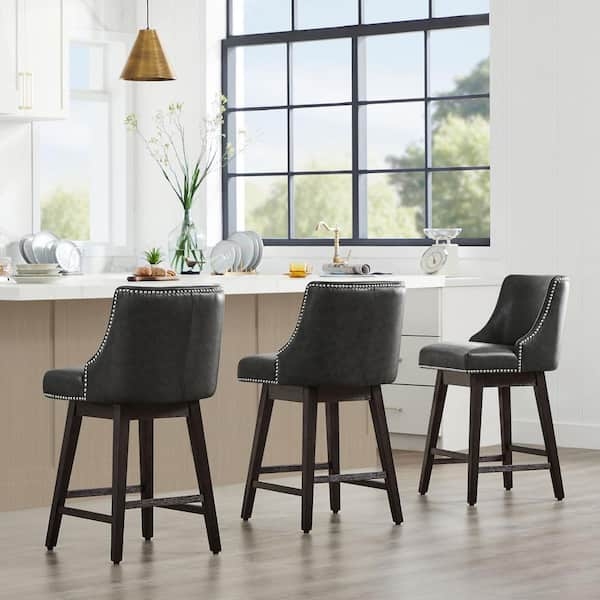 Transitional Swivel Bar Stool with Nailhead Trim, Charcoal Gray