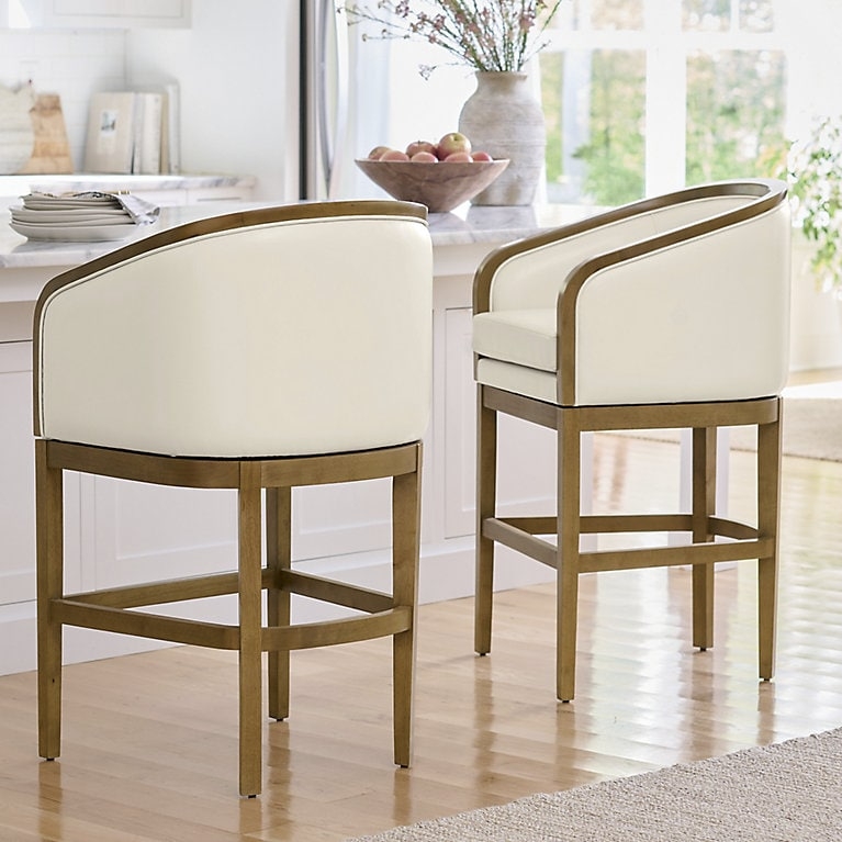 Transitional Swivel Bar Stools: Curved Cream Back, Wood Frame