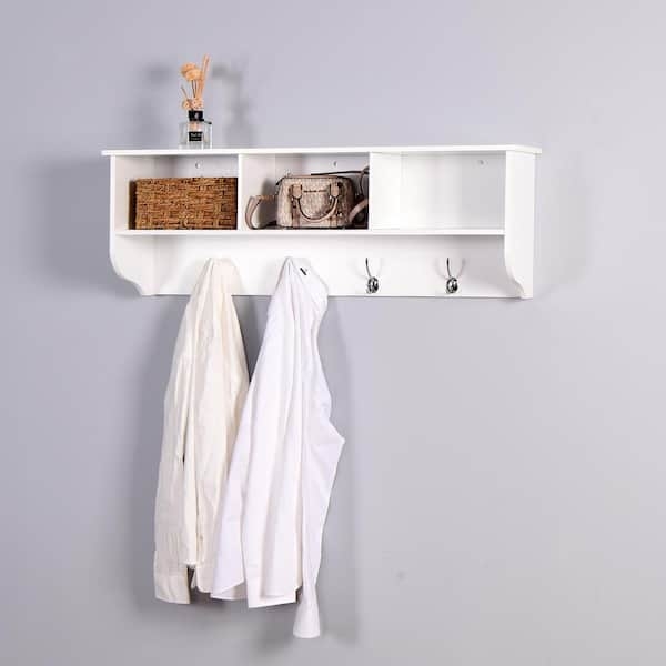 Transitional Wall Mounted Coat Rack with Three Cubbies and Dual Hooks.