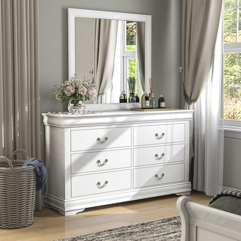 Transitional White 6-Drawer Dresser with Classic Bail Pulls and Trim