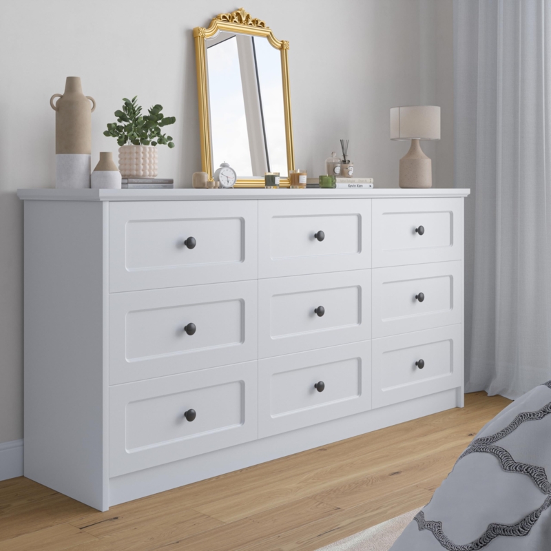Transitional White 9-Drawer Dresser, Black Knobs & Recessed Panels