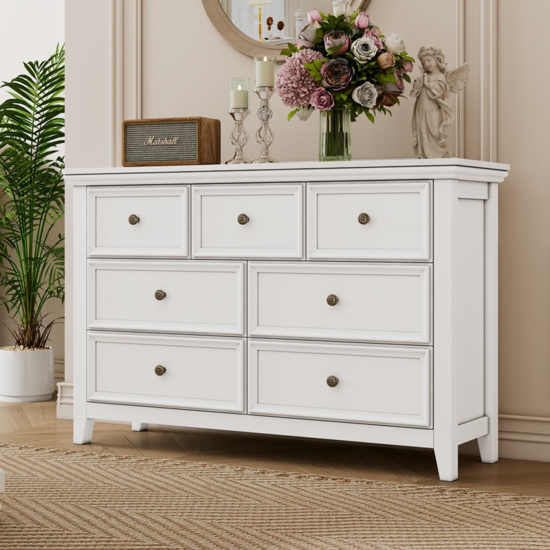 Transitional White Dresser featuring Bronze Knobs and Tapered Feet