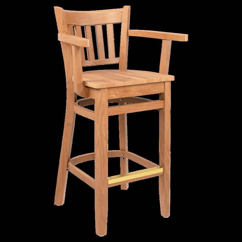 Transitional Wood Bar Stool with Arms Vertical Slats and Kickplate