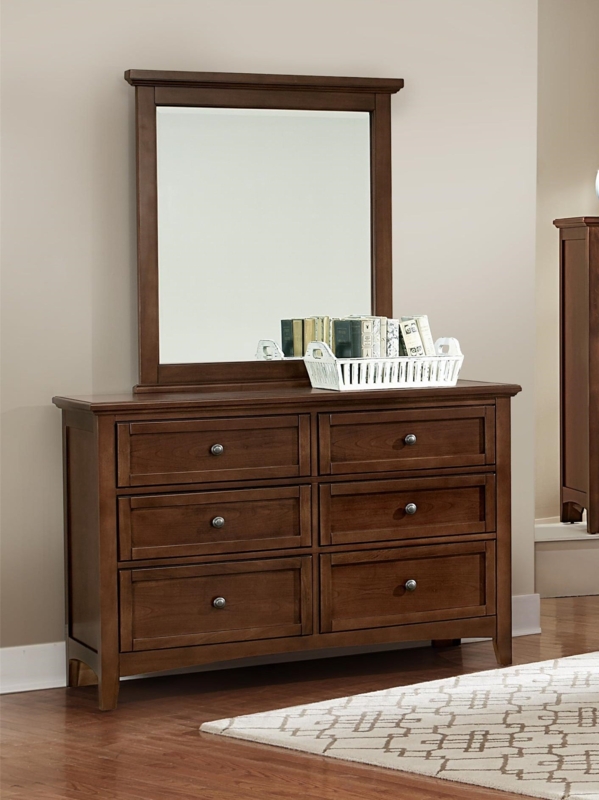 Transitional Wood Dresser and Vertical Mirror Set with Six Drawers