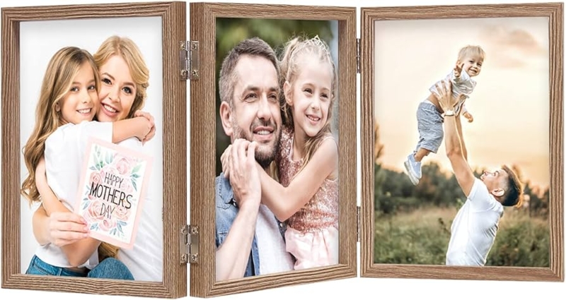 Triple Hinged Photo Frame Wood Grain Tabletop Stand Warm Decor