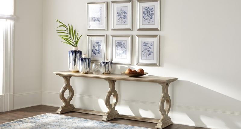 Triple Pedestal Console Table with Whitewashed Finish & Circular Cutouts