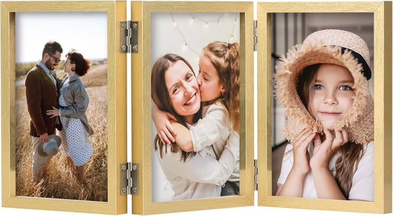 Triple Picture Frame Brushed Gold Finish Exposed Hinges Folding