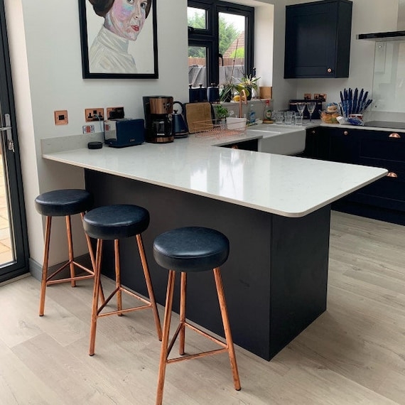 Tripod Bar Stool with Round Leather-Like Seat and Metal Legs