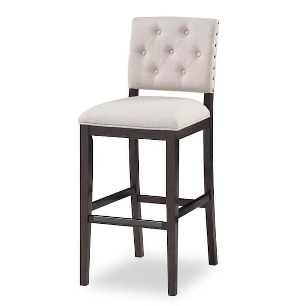 Tufted Cream Bar Stool Dark Walnut Finish Nailhead Trim