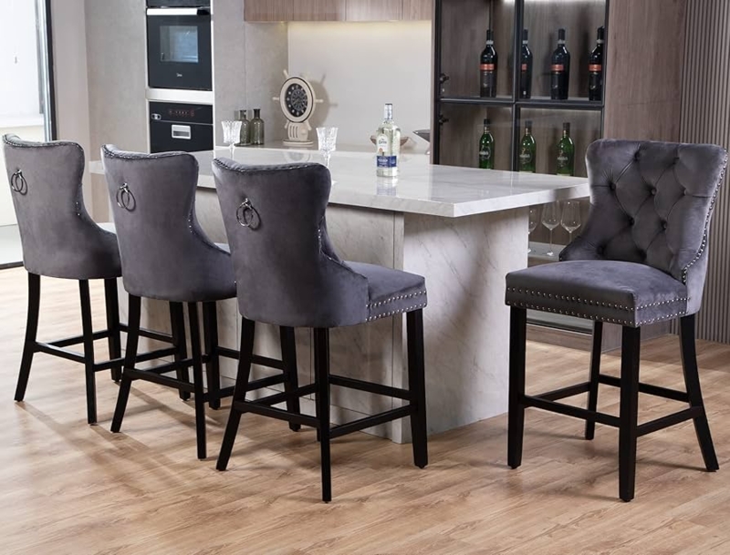 Tufted Velvet Bar Stools Set Nailhead Trim Ring Pull Grey Glam