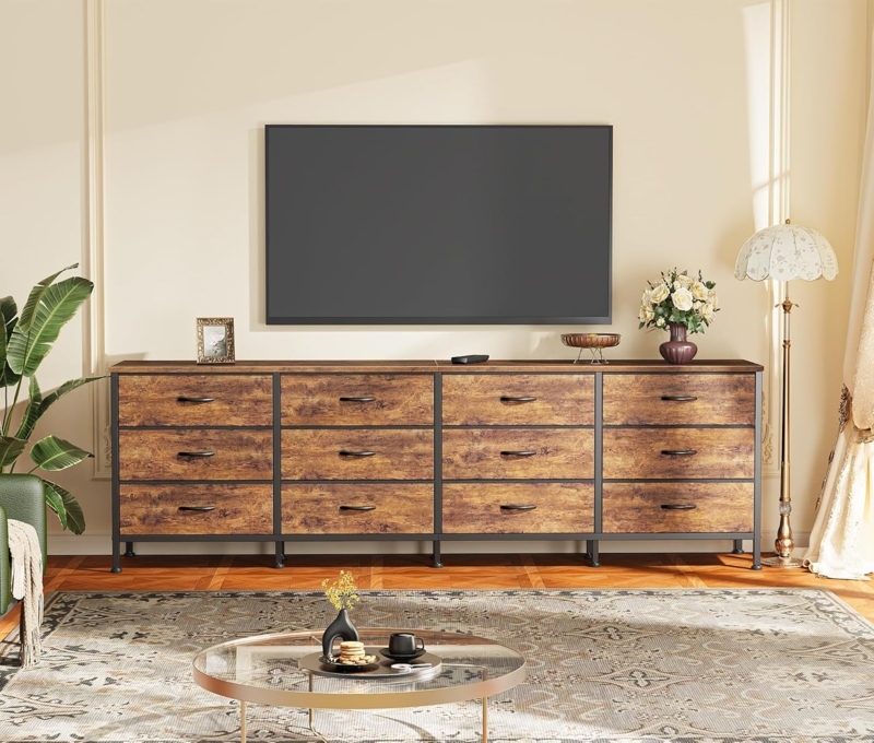 TV Stand, 70-Inch Wide 12-Drawer Industrial, Metal Frame