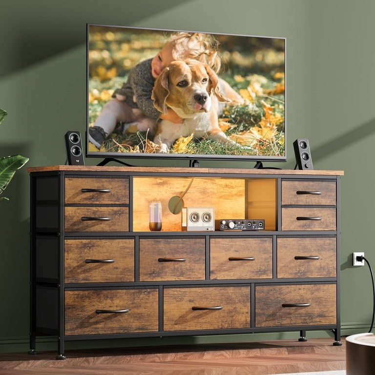 TV Stand Dresser Hybrid 11 Drawers LED Lit Shelf Industrial Rustic