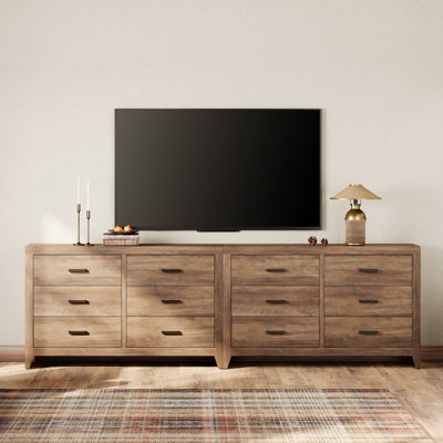 TV Stand, Extra Wide 106-Inch Rustic Wood, 12-Drawer Storage