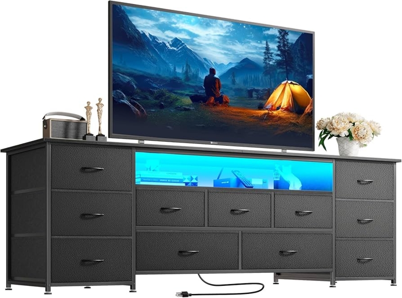 TV Stand, Long Black 11-Drawer, Blue LED Lighting, Textured Finish