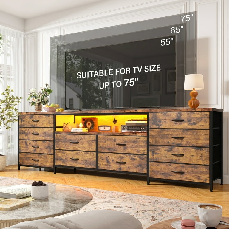 TV Stand, Wide 12-Drawer Rustic Brown, Integrated LED Lit Shelf
