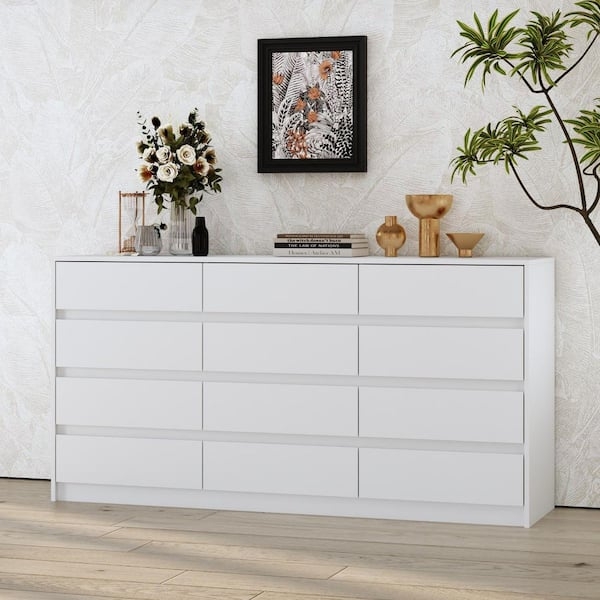 Twelve Drawer Dresser Extra Wide Handleless Design Minimalist White