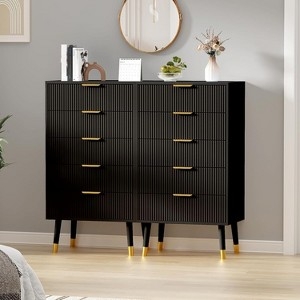 Twin Chests: Black Fluted Dresser Set Gold Capped Legs Tapered