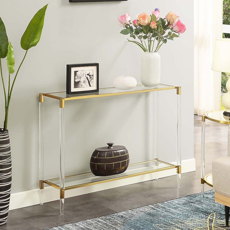 Two-Tier Console Table Clear Acrylic Legs Gold Corner Accents