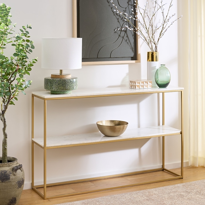 Two-Tier Console Table Marble Look Shelves Open Metal Frame
