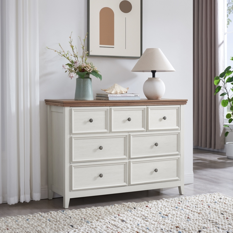 Two-Tone 7-Drawer Dresser with Recessed Paneling, Cottage Style