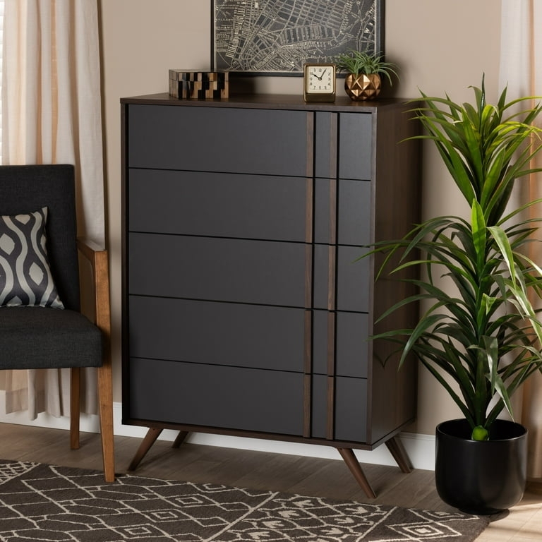 Two-Tone Charcoal and Walnut Chest featuring Vertical Wood Handles