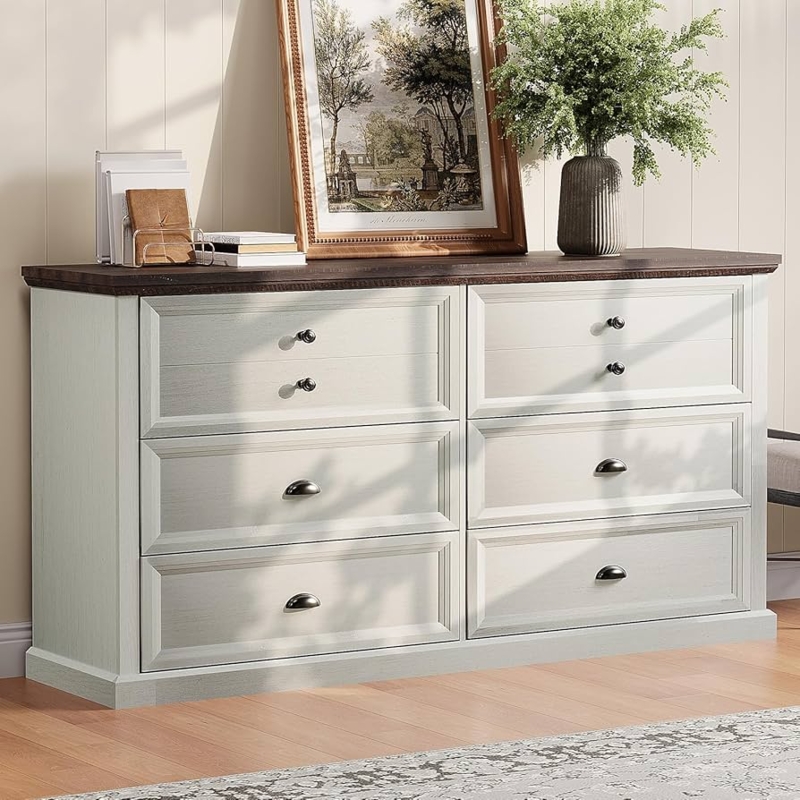 Two-Tone Farmhouse Dresser: Off-White, Dark Wood Top, Mixed Hardware.
