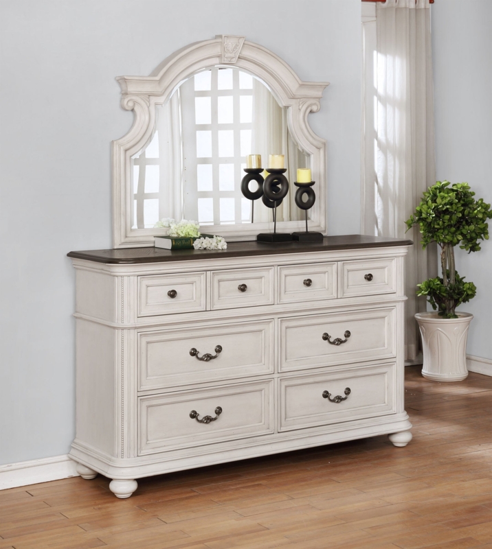 Two-Tone Wood Bedroom Dresser: Antique White, Dark Top & Ornate Mirror