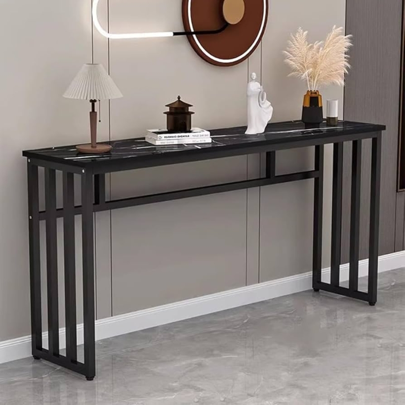 Ultra-Narrow Console Table Slatted Sides Marble Look Top Minimalist