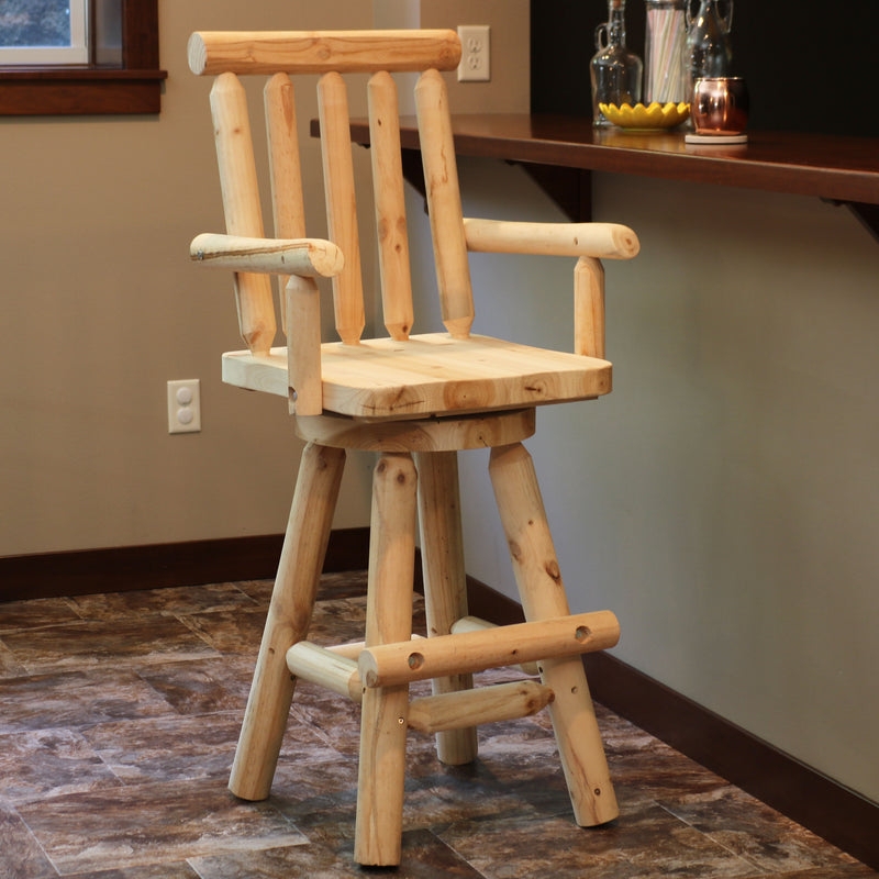 Unfinished Log Swivel Bar Stool Slatted Back Rustic Cabin Decor