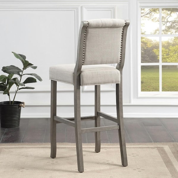 Upholstered Stool with Nailhead Trim Weathered Grey Rolled Back