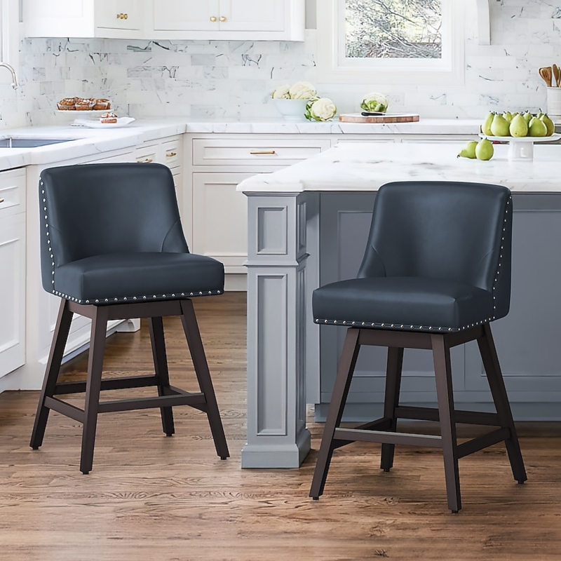 Upholstered Swivel Counter Stool with Nailhead Trim and Curved Back