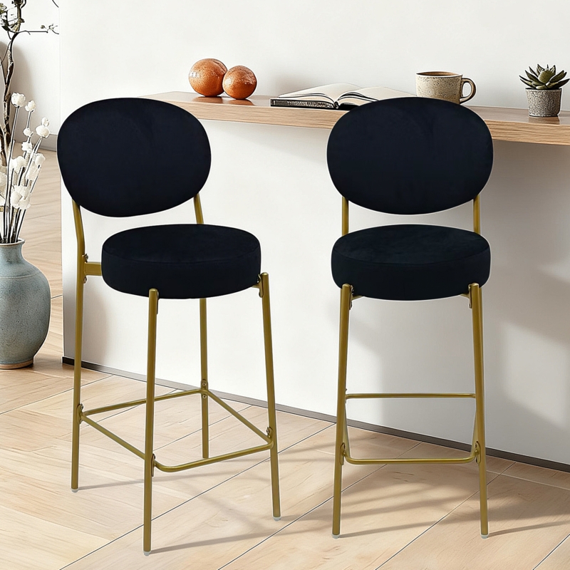 Velvet Bar Stool Round Backrest Slim Legs Kitchen Counter Seating