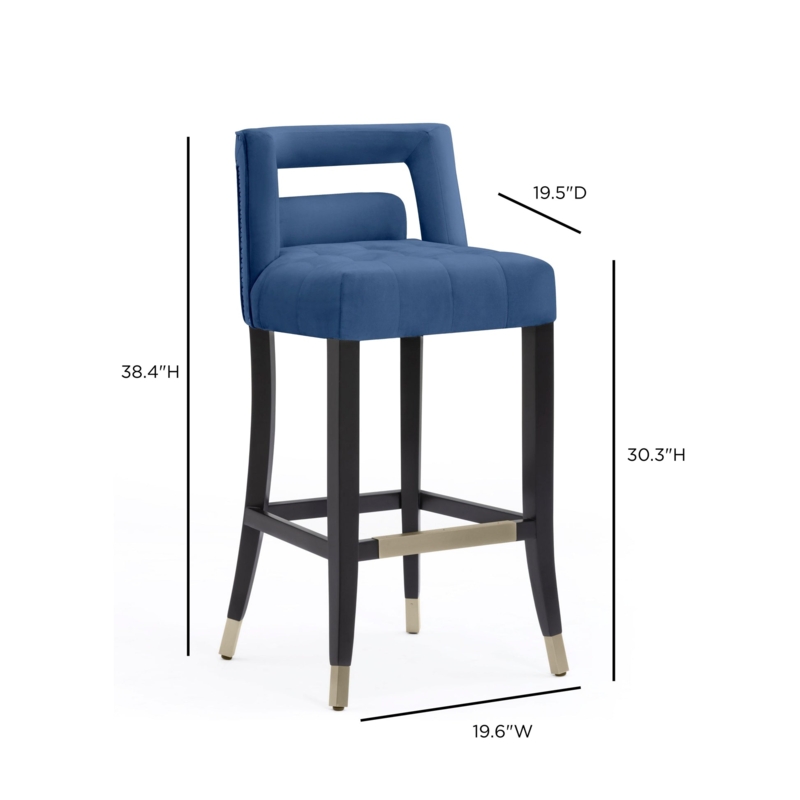Velvet Bar Stool with Cutout Back, Tufted Seat, and Gold Leg Caps